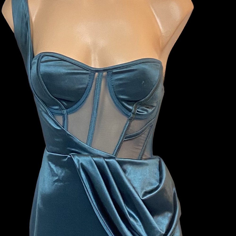 One strap teal corset style dress with split